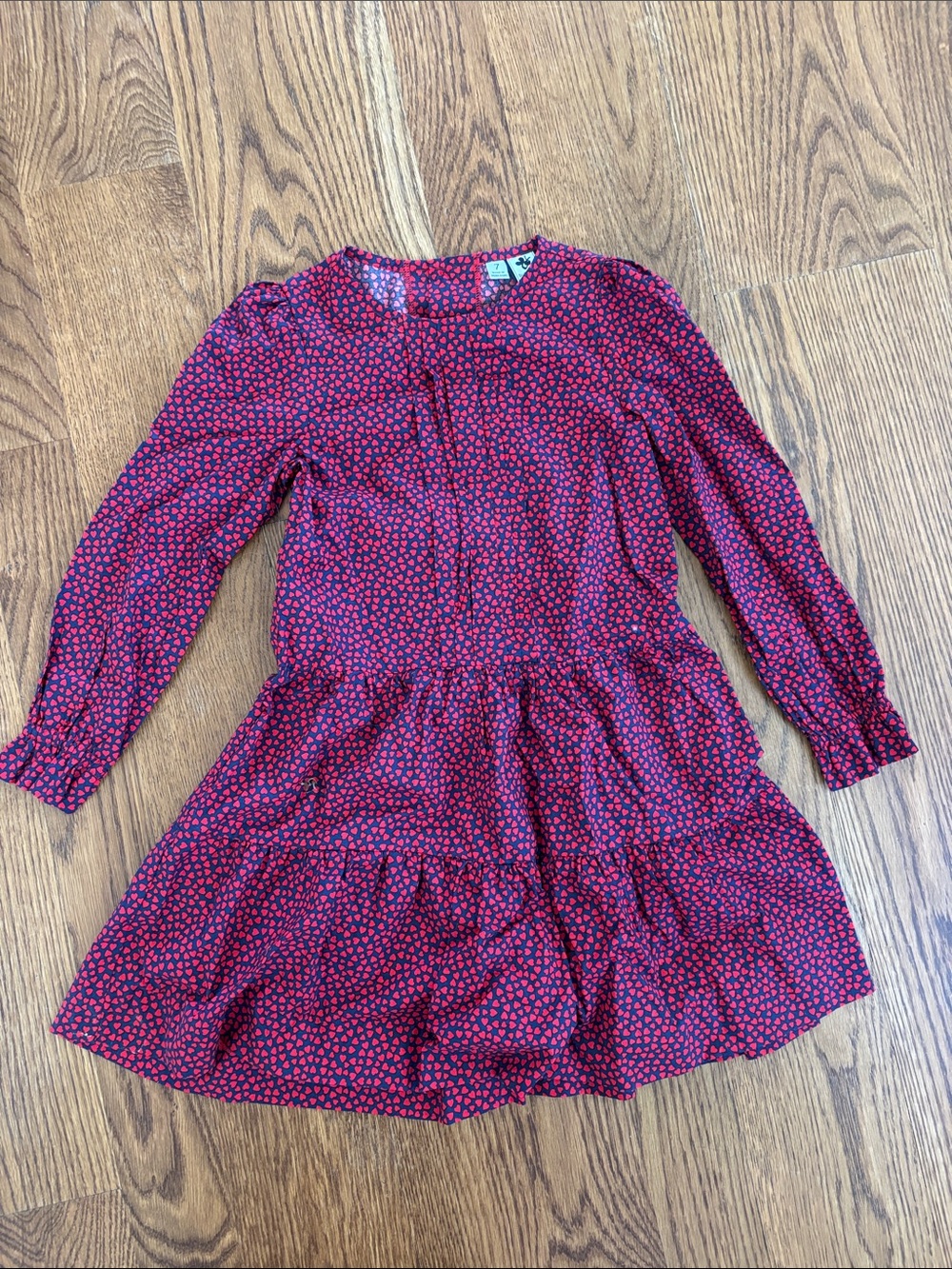Girls' Red Heart-Print Tiered Long-Sleeve Dress